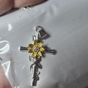 Silver Cross necklace Pendant with Yellow Flower